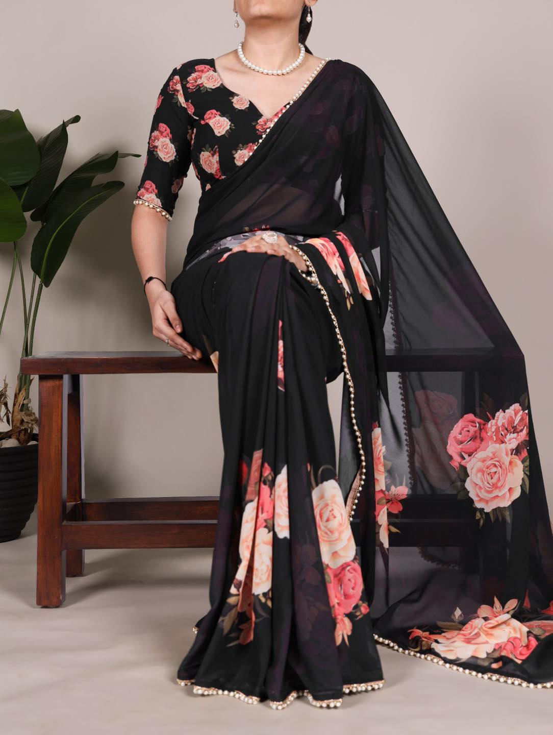 Georgette Floral Sarees with Pearl Lace Border A7