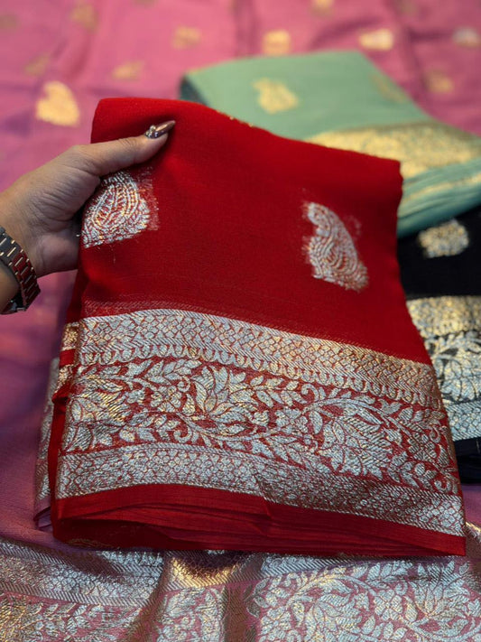 Soft Georgette Viscose Sarees with Viscose Zari Weaving Red