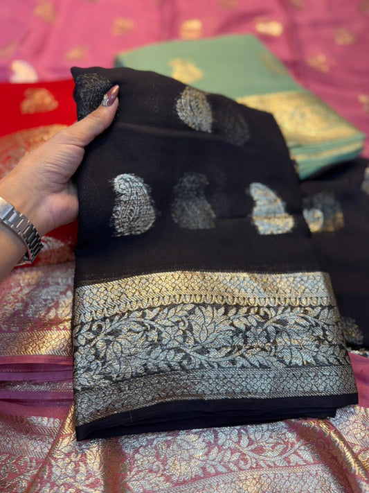 Soft Georgette Viscose Sarees with Viscose Zari Weaving Black