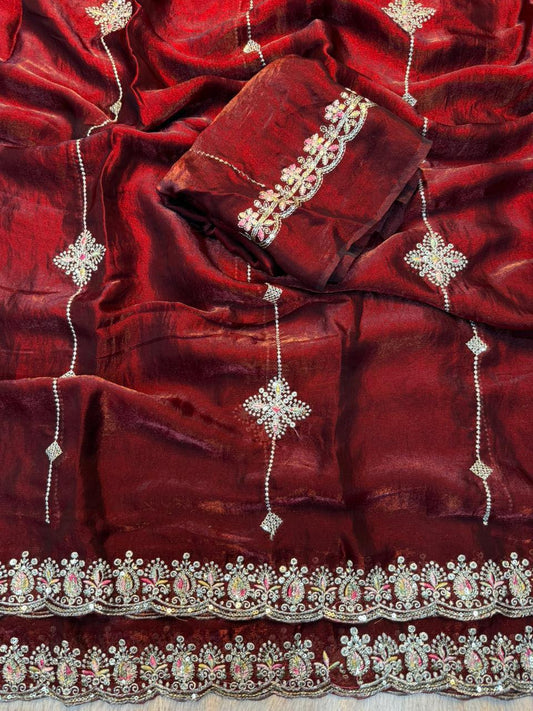 Soft Space Silk Sarees with Sequence & Thread Embroidery red