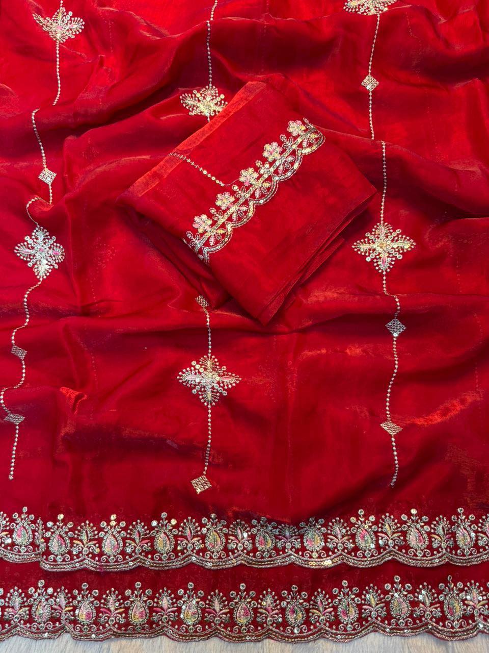 Soft Space Silk Sarees with Sequence & Thread Embroidery red