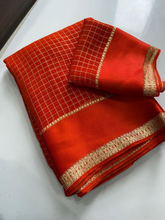 Georgette Viscose Checked Zari Weaving Sarees with Satin Patta Borders Red