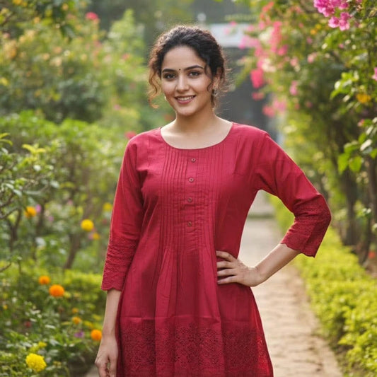Cotton Short Tunic Kurtis with Embroidered Work Red