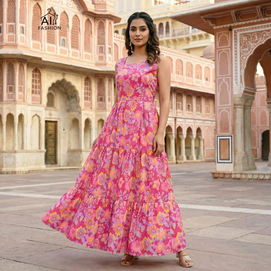 Cotton Poly Mix Ruffle Floral Long Gowns