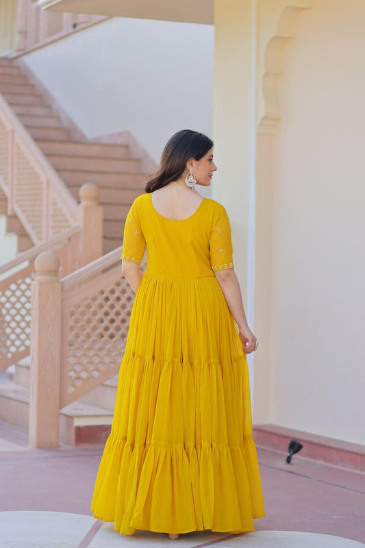 Georgette Frill & Flared Long Gown with Designer Embroidery yellow