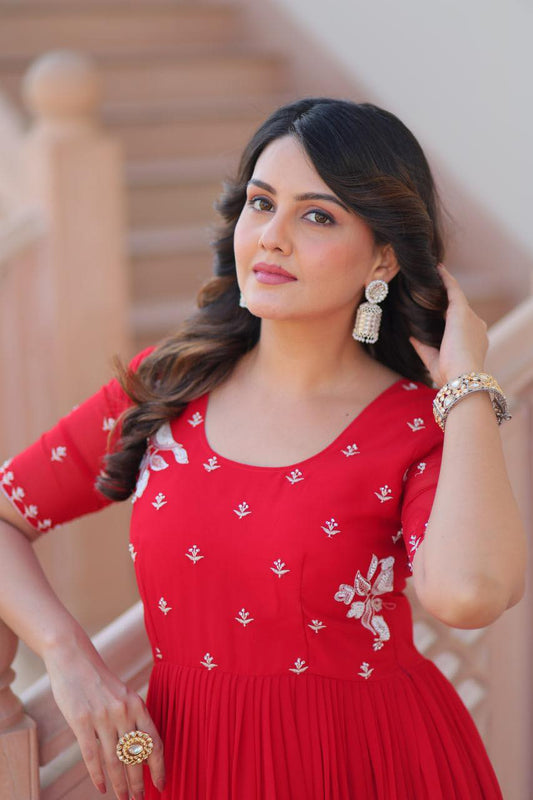 Georgette Frill & Flared Long Gown with Designer Embroidery RED