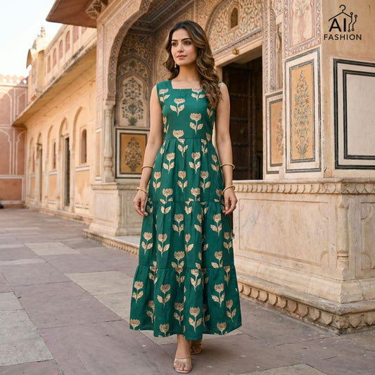 Cotton Poly Mix Ruffle Floral Long Gowns G5