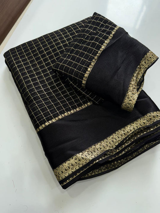 Georgette Viscose Checked Zari Weaving Sarees with Satin Patta Borders Black