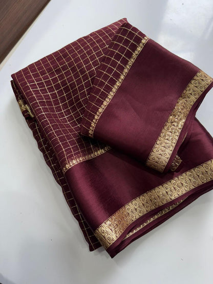 Georgette Viscose Checked Zari Weaving Sarees with Satin Patta Borders  Brown