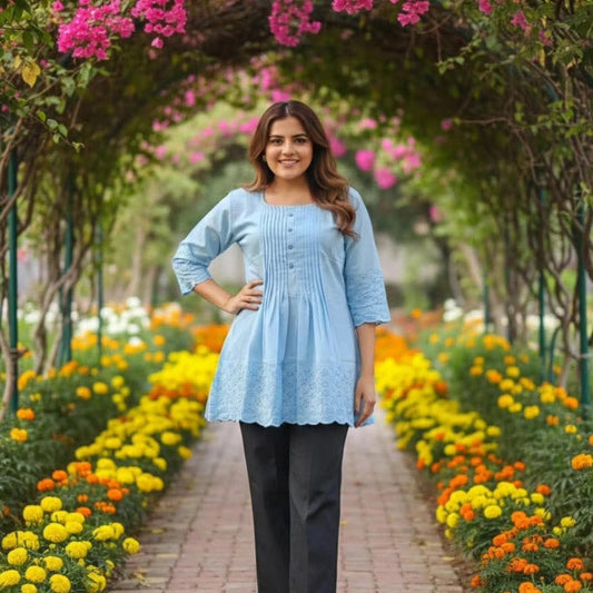 Cotton Short Tunic Kurtis with Embroidered Work Sky Blue