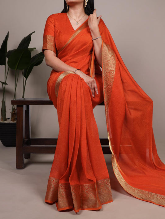 Mash Mellow Silk Plain Sarees with Jacquard Weaving Border orange