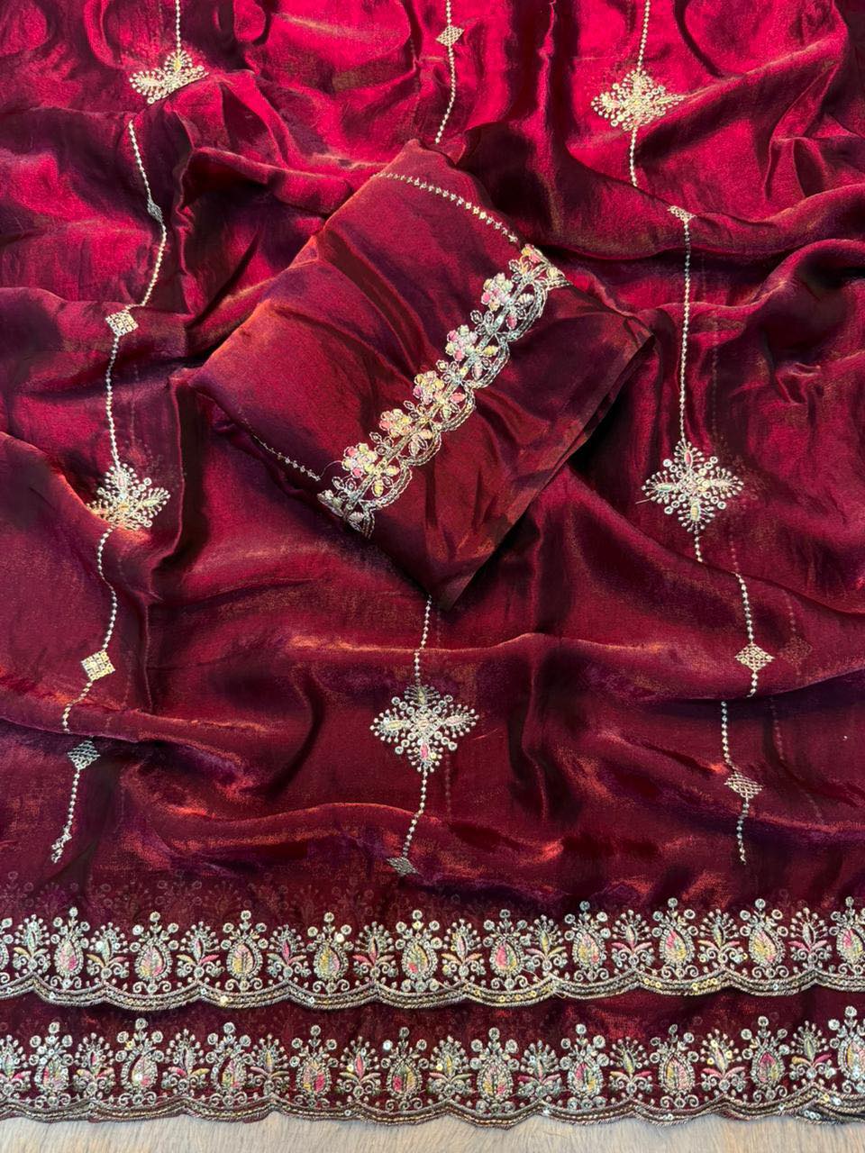 Soft Space Silk Sarees with Sequence & Thread Embroidery red