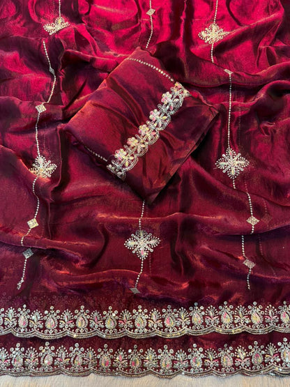 Soft Space Silk Sarees with Sequence & Thread Embroidery red