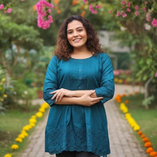 Cotton Short Tunic Kurtis with Embroidered Work Blue