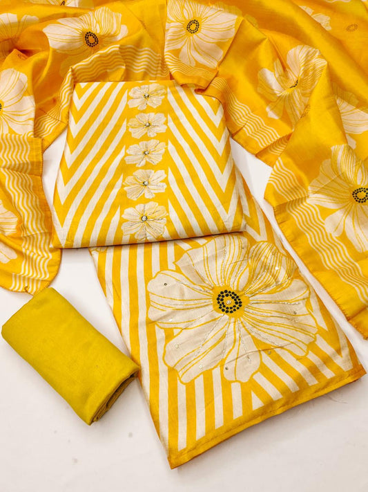 Semi Assam Silk Digital Printed Unstitched Suits with Khatli Bead Work  a