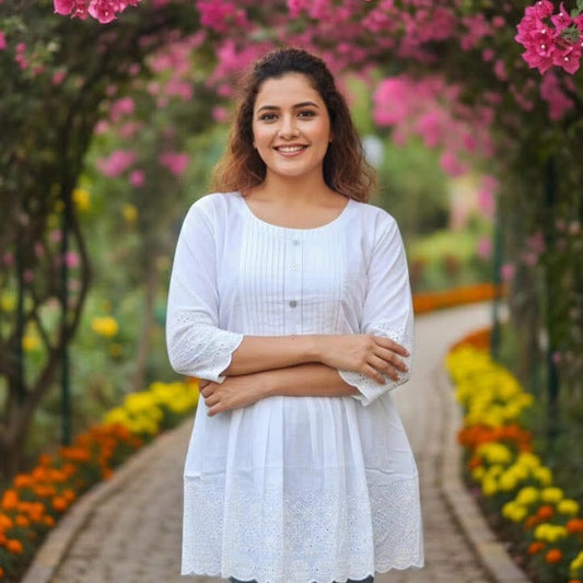 Cotton Short Tunic Kurtis with Embroidered Work Blue Wite