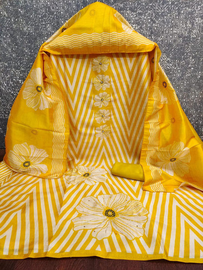 Semi Assam Silk Digital Printed Unstitched Suits with Khatli Bead Work  a
