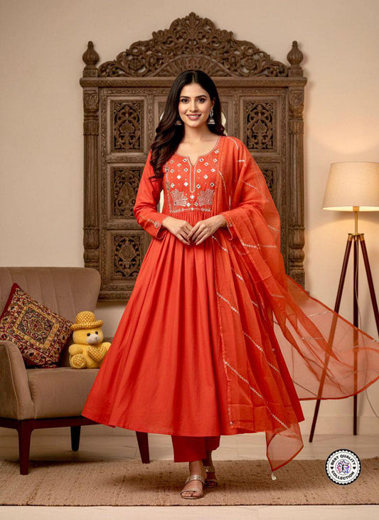 Chanderi Silk Embroidered Readymade Suits with Organza Dupatta orange