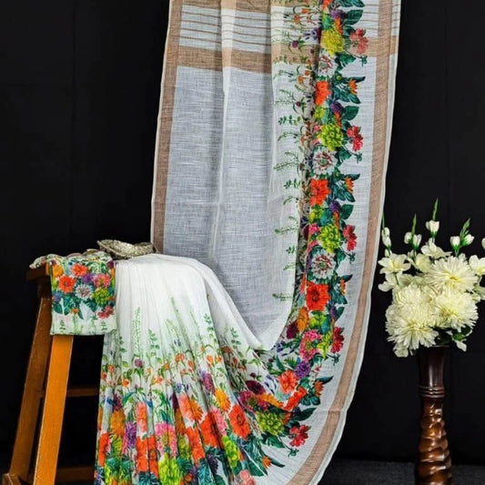 Line Slub Cotton Floral Printed Sarees 11