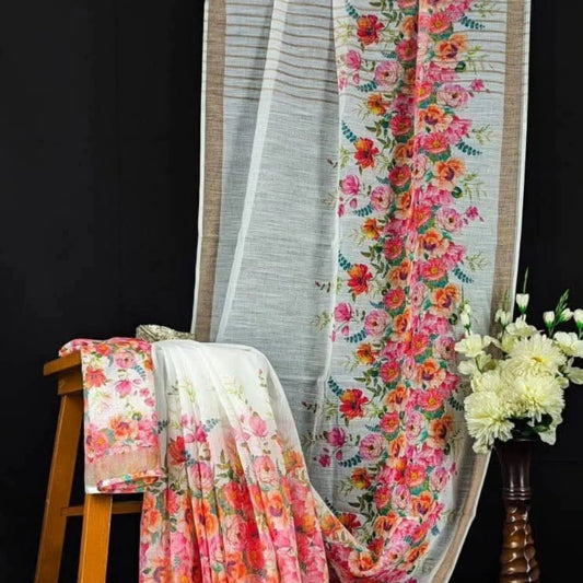 Line Slub Cotton Floral Printed Sarees 13