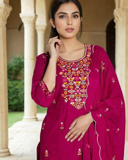 Soft Roman Silk Multi-Thread Embroidered Readymade Suits with Chanderi Dupatta