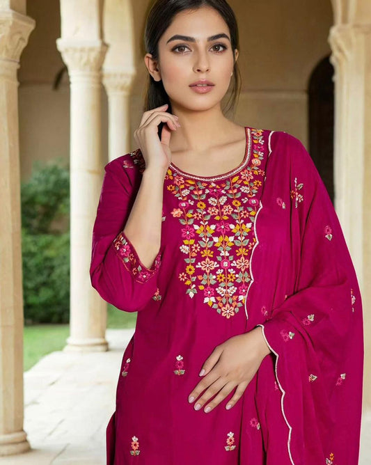Soft Roman Silk Multi-Thread Embroidered Readymade Suits with Chanderi Dupatta