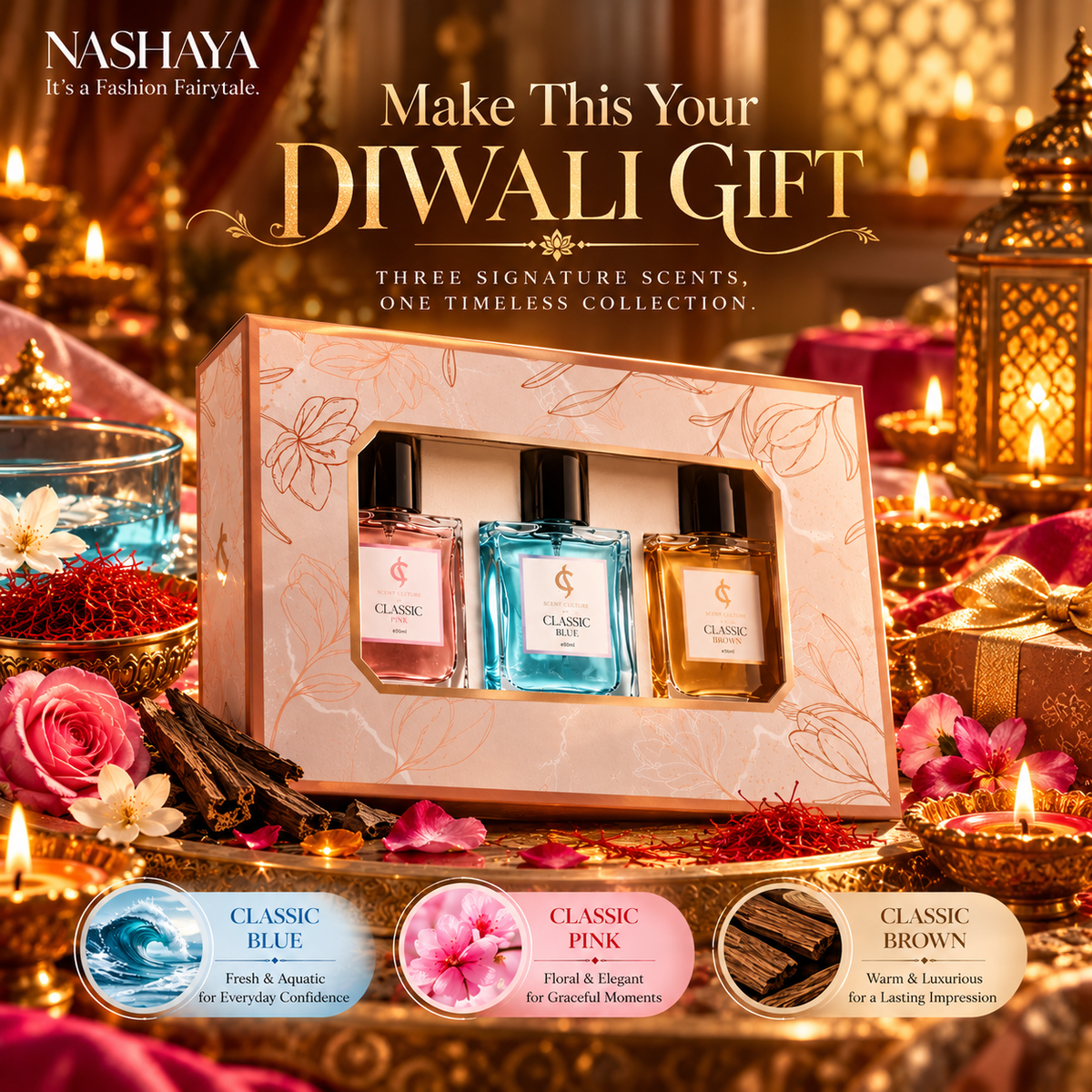 Scent Culture Classic Perfume Trio Gift Set – Blue, Pink & Brown (3 × 50ml)