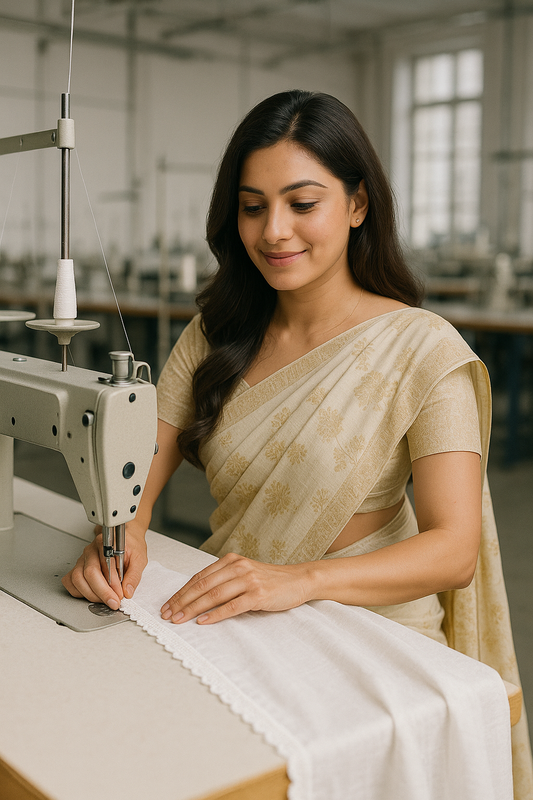 Woman in a saree working on a sewing machine in a factory setting