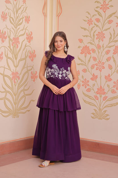 Peplum Style Gown with Bead Embroidery in Faux Blooming Fabric – KA-1175 Purple