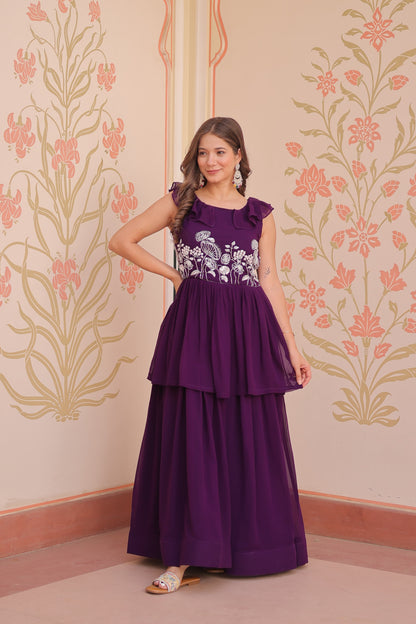 Peplum Style Gown with Bead Embroidery in Faux Blooming Fabric – KA-1175 Purple