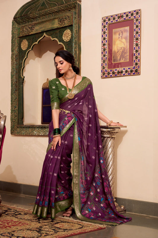 VEDANTI Poly Cotton Saree with Kalamkari Print & Zari Weaving Border  - YNF7031WIN