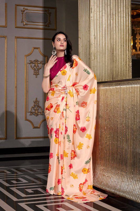 MIKELI Satin Silk Printed Saree with Moonga Silk Hotfix Blouse – YNF7026CRM