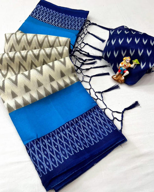 Khadi Silk Saree with HD Ikkat Print & Tassel Pallu - Blue