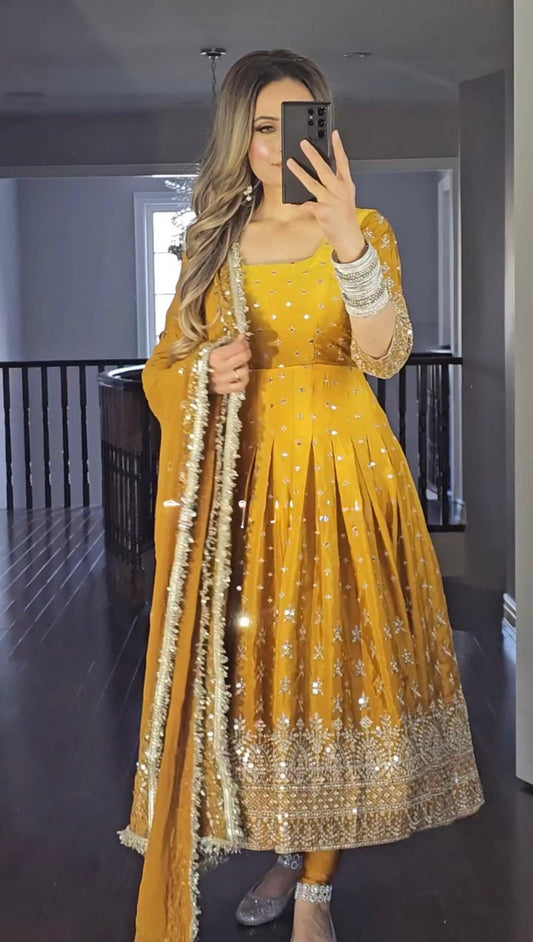PD1086 – Dual Tone Chinon Silk Anarkali Gown Set - Yellow