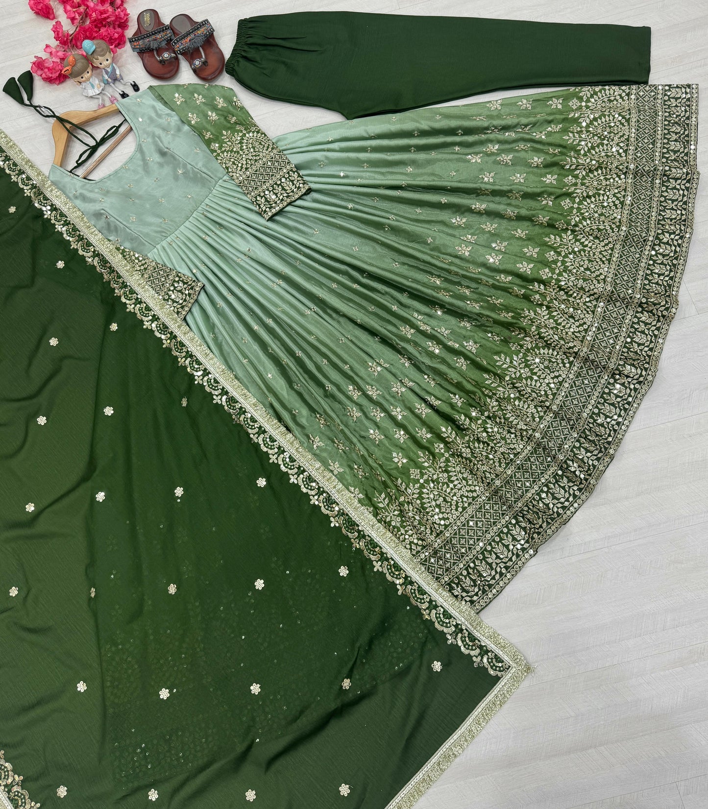 PD1086 – Dual Tone Chinon Silk Anarkali Gown Set - Green
