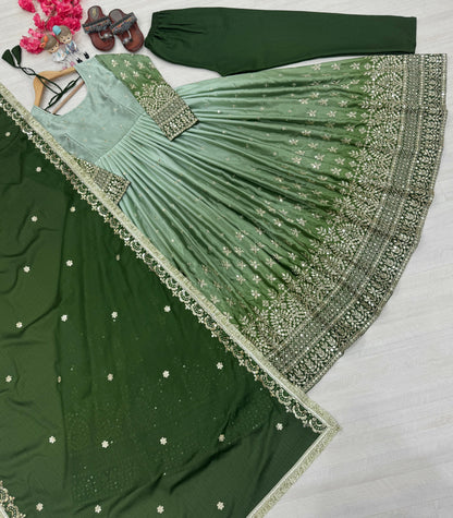 PD1086 – Dual Tone Chinon Silk Anarkali Gown Set - Green