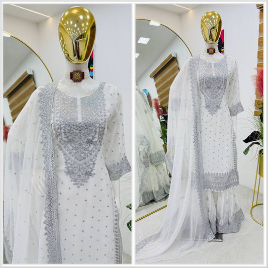 ZB-5041 – Fox Georgette Designer Sharara Suit Set - White