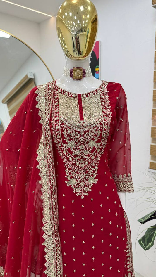 ZB-5041 – Fox Georgette Designer Sharara Suit Set - Red