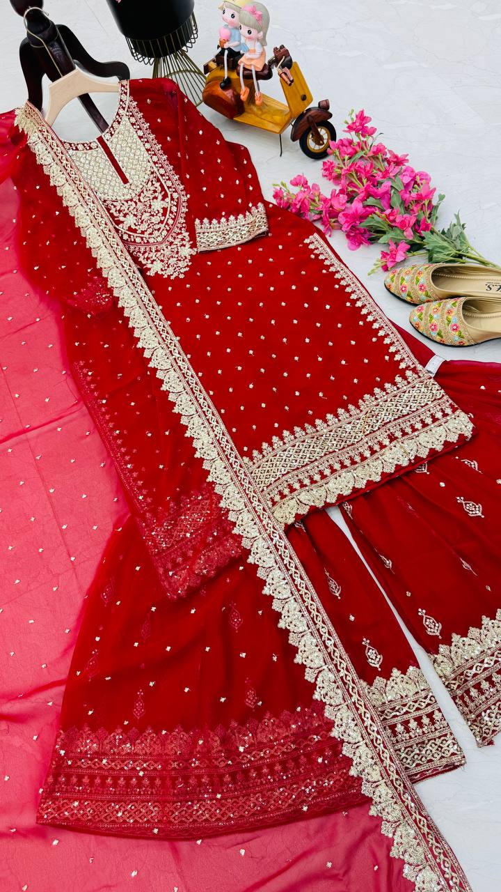 ZB-5041 – Fox Georgette Designer Sharara Suit Set - Red