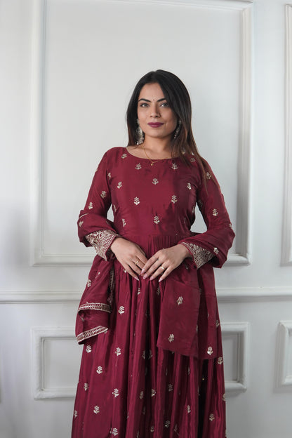 WW-1205 – Chinon Silk Gown-Pant-Dupatta Set