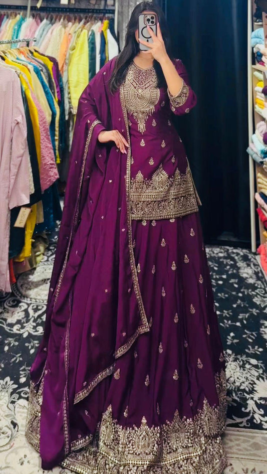 ZD-10005 – Designer Chinon Silk Lehenga Suit Set - Wine