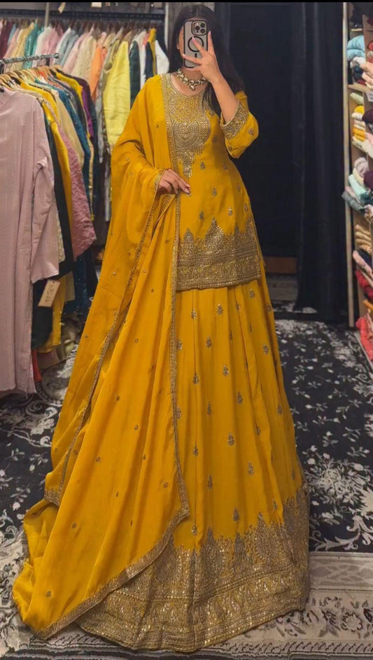 ZD-10005 – Designer Chinon Silk Lehenga Suit Set - Mustard