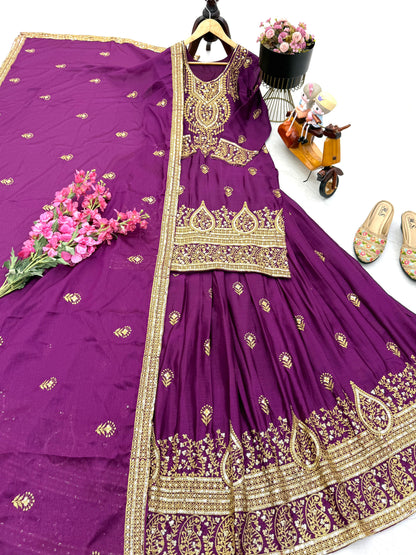 ZD-10005 – Designer Chinon Silk Lehenga Suit Set - Wine