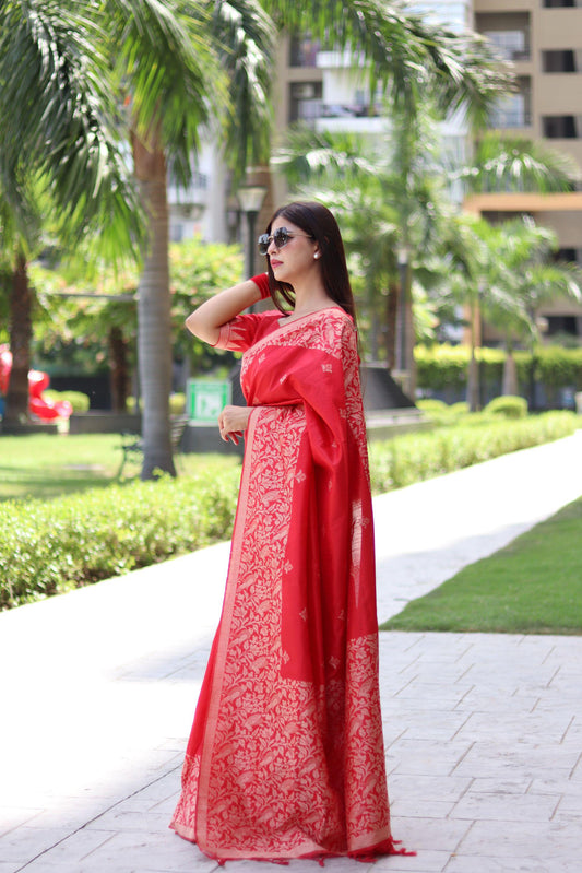 RUTRANG – Banglori Handloom Raw Silk Saree - Red