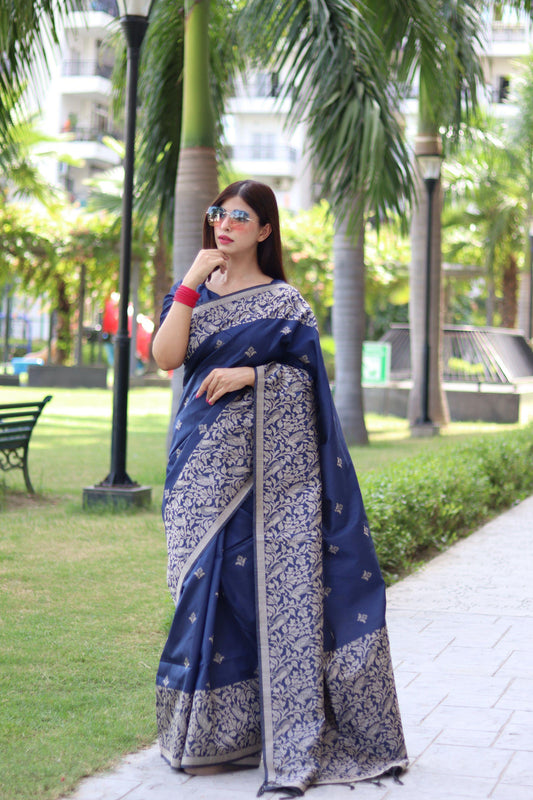 RUTRANG – Banglori Handloom Raw Silk Saree - Blue