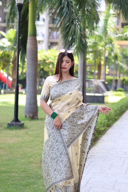 RUTRANG – Banglori Handloom Raw Silk Saree - Off White