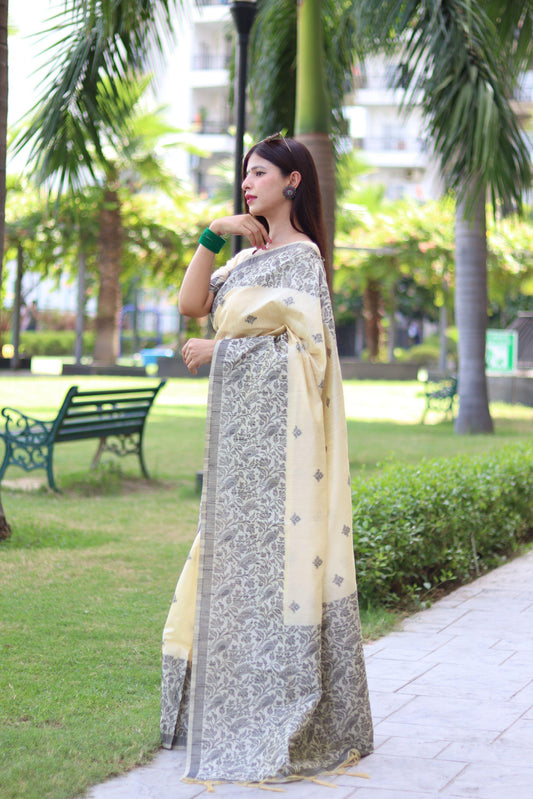RUTRANG – Banglori Handloom Raw Silk Saree - Off White