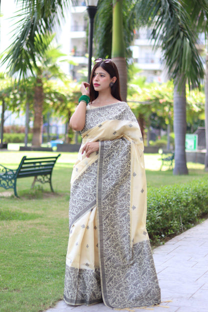 RUTRANG – Banglori Handloom Raw Silk Saree - Off White