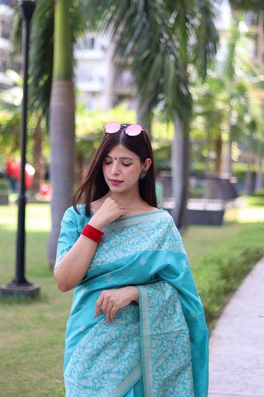 RUTRANG – Banglori Handloom Raw Silk Saree - Sky BLUE