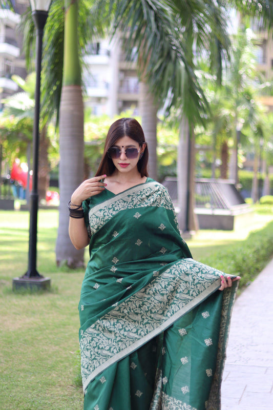 RUTRANG – Banglori Handloom Raw Silk Saree -Green